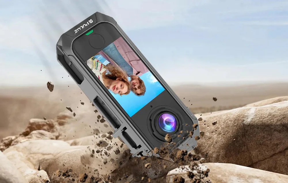 Insta360 camera in the Puluz metal protective case falling onto brown stones