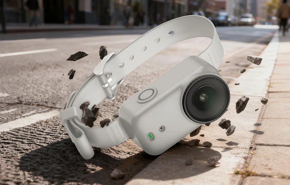 Kamera DJI Osmo Nano umieszczona w szarej silikonowej opasce upada na ulicę