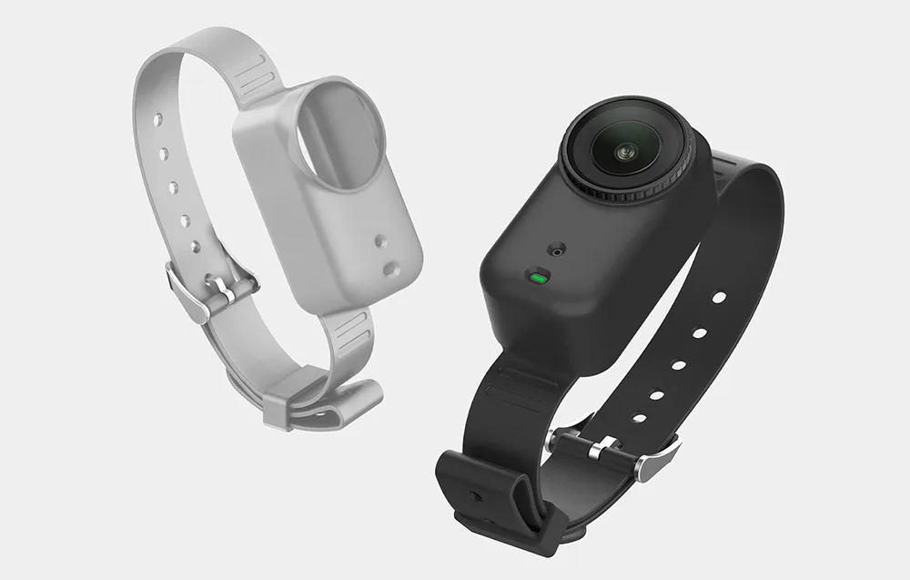 Szara i czarna opaska silikonowa na kamerę DJI Osmo Nano na szarym tle