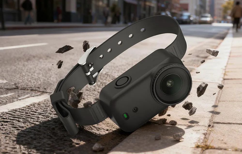 Камера DJI Osmo Nano у чорному силіконовому ремінці падає на вулицю