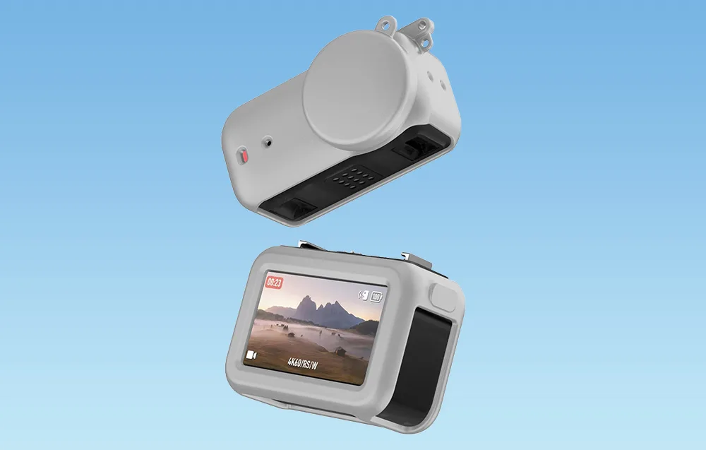DJI Osmo Nano camera and docking station with gray silicone protective covers on a blue background