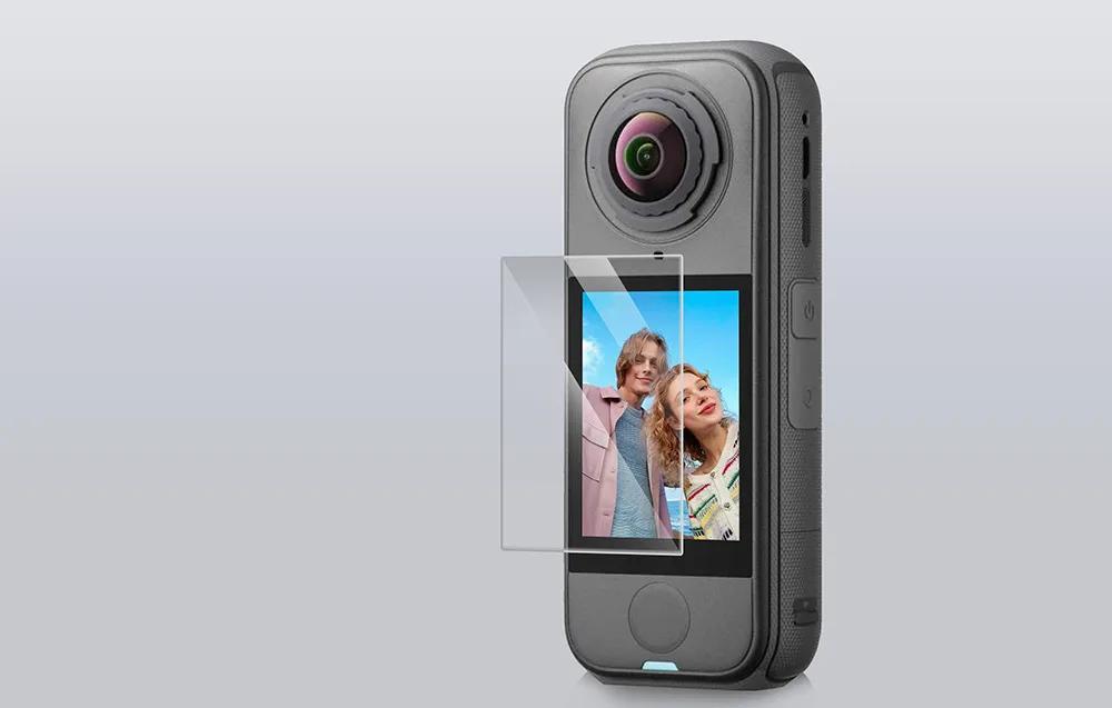 Puluz tempered glass screen protector for Insta360 X4 Air camera on a gray background