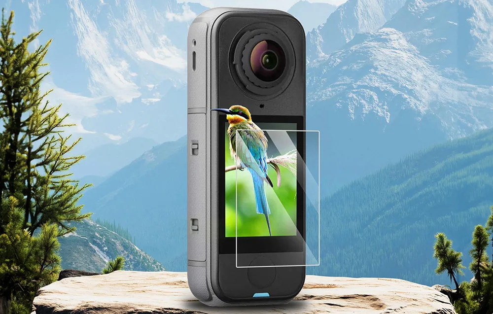 Insta360 X4 Air with Puluz tempered glass protector in an outdoor mountain setting