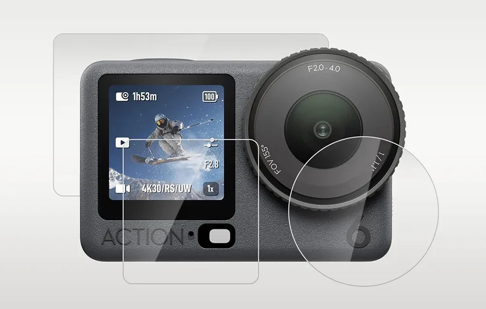 DJI Osmo Action 6 camera with tempered glass protectors for the front screen, rear screen, and lens
