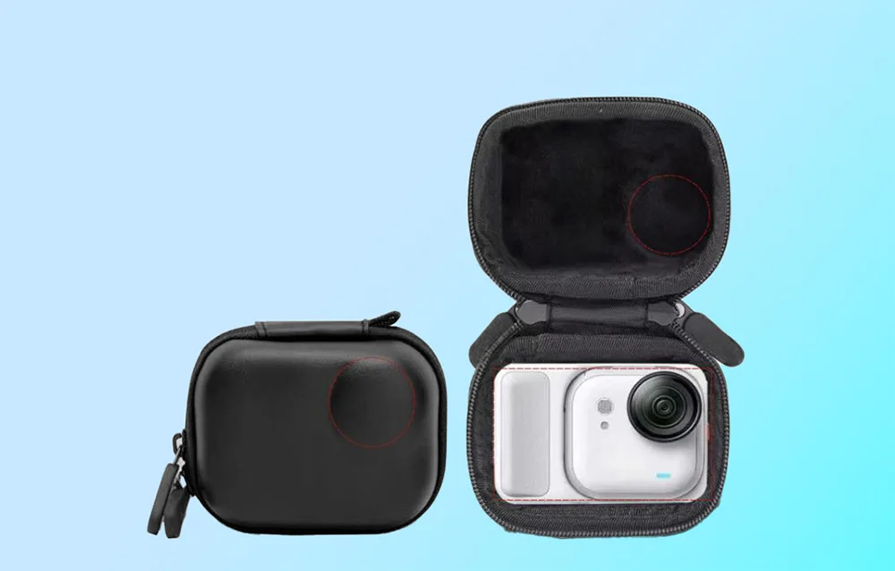 Black hard EVA case for Insta360 GO Ultra shown open and closed with camera inside