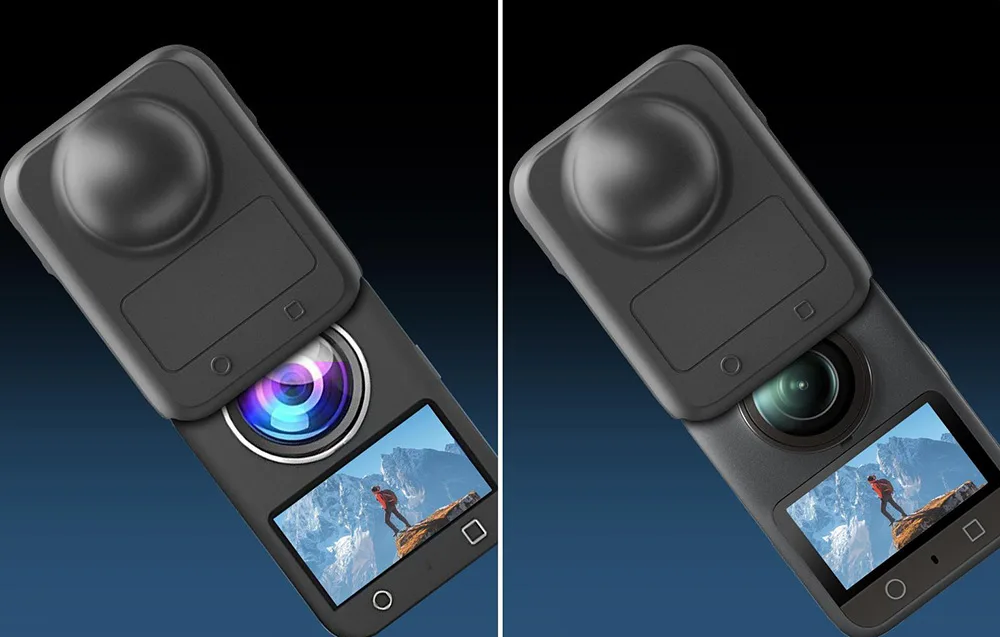 DJI Osmo 360 partially removed from a black silicone case with the screen and lens visible against a mountain landscape