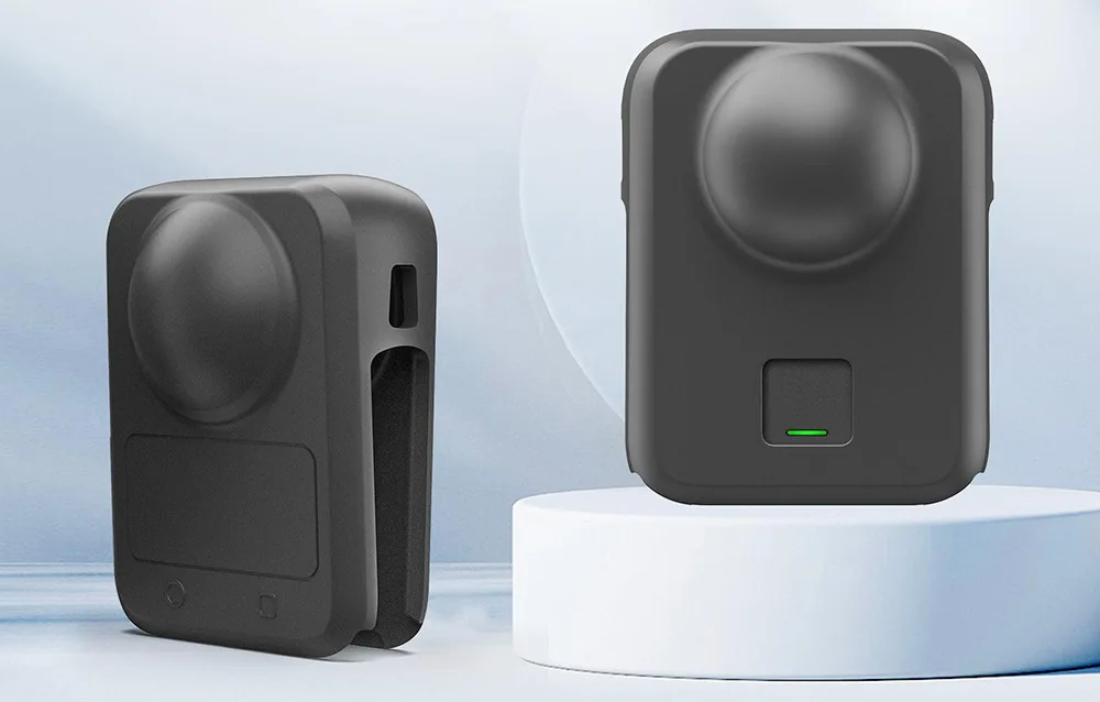 Black PULUZ silicone case with lens cover for DJI Osmo 360 shown from two angles on a light background