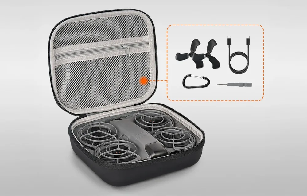Open case with a drone inside and accessory layout showing spare propellers, a USB-C cable, a carabiner, and a screwdriver