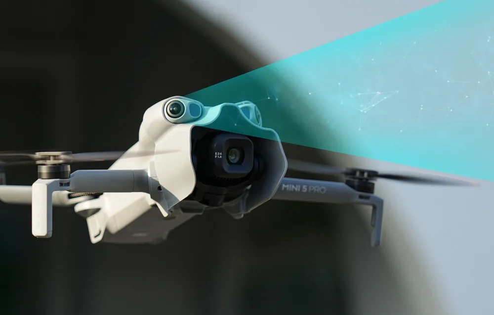 DJI Mini 5 Pro drone with sun hood installed and sensors fully unobstructed