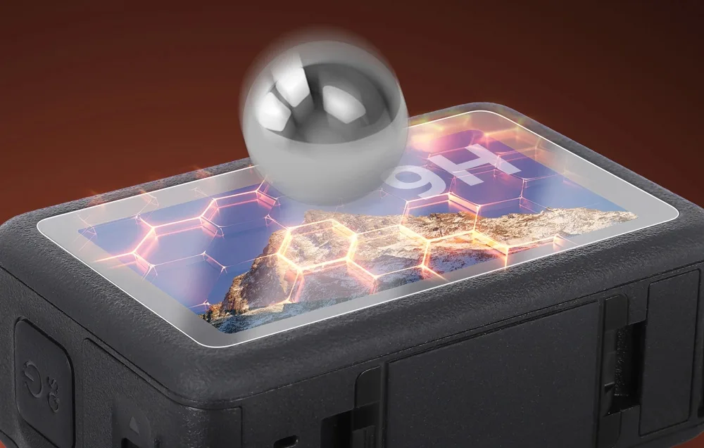 Close-up of a DJI Osmo Action 6 screen protected by Sunnylife tempered glass with impact-resistant design