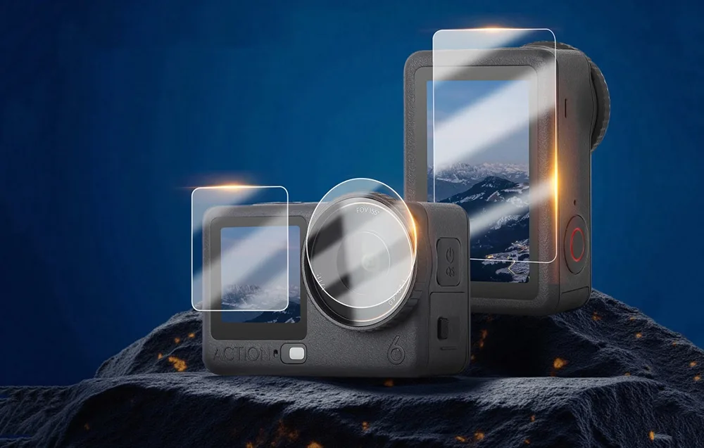 Sunnylife tempered glass protectors installed on the screens and lens of a DJI Osmo Action 6 camera