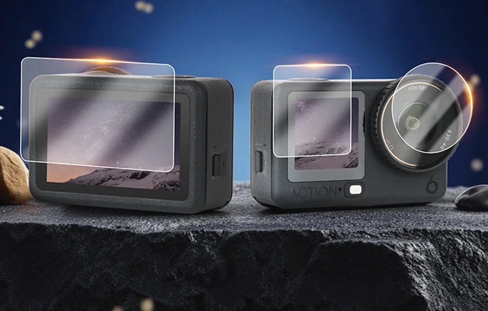 DJI Osmo Action 6 cameras with Sunnylife tempered glass protection for screens and lens