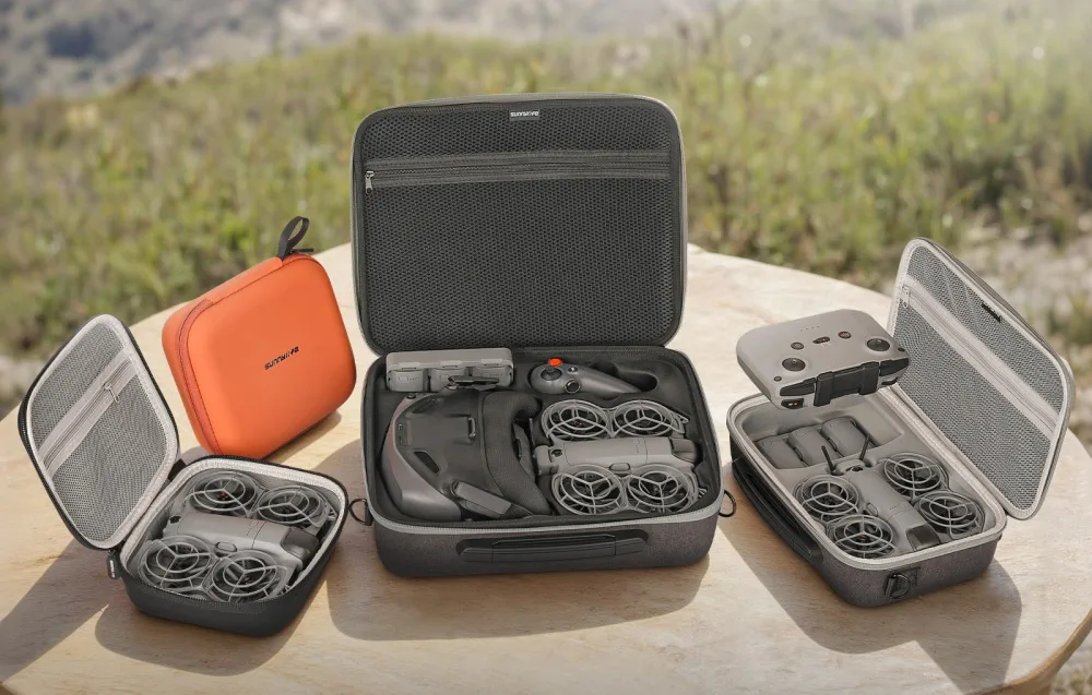 Sunnylife bag set for DJI Neo 2 drone and accessories displayed in open cases outdoors