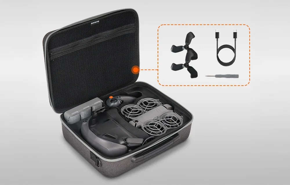 Inside of the Sunnylife DJI Neo 2 bag with drone, controller, batteries, propellers, cable, and screwdriver