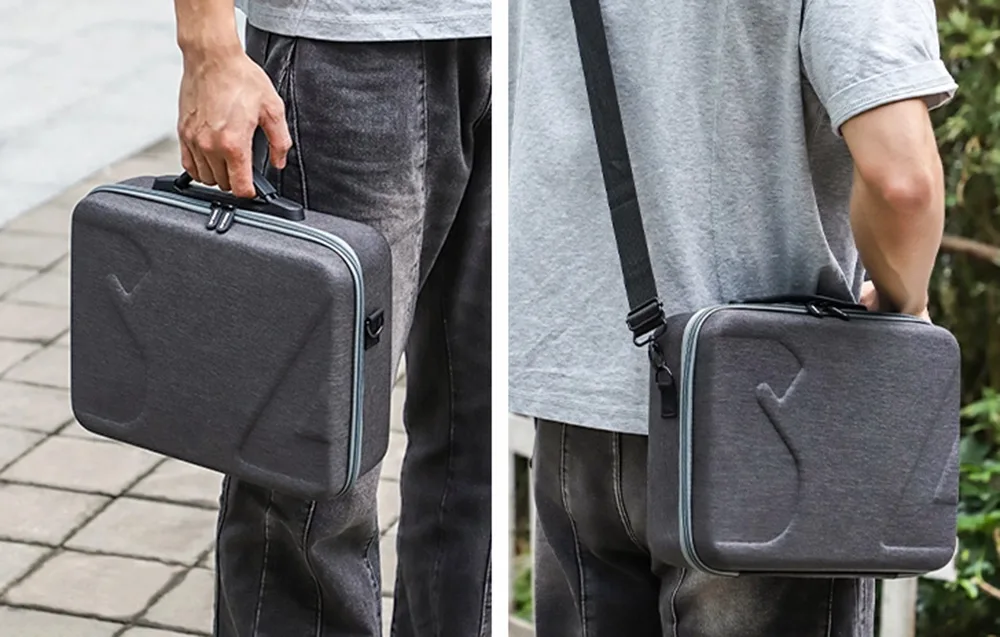 Person carrying the dark gray Sunnylife DJI Neo 2 bag by hand and over the shoulder