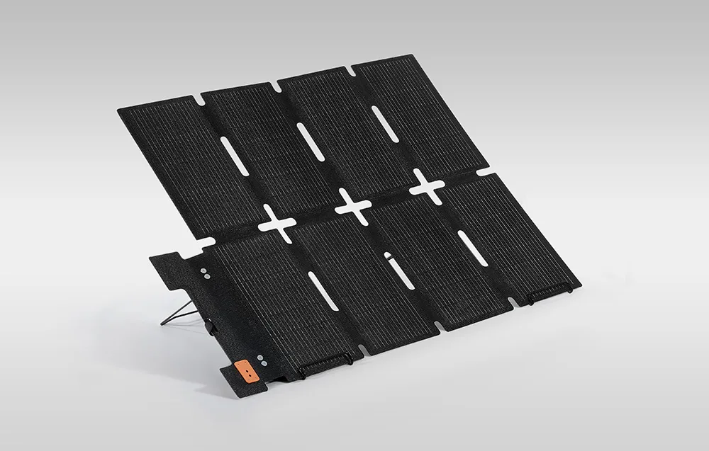 DJI Power 200W foldable portable solar panel unfolded on a light background