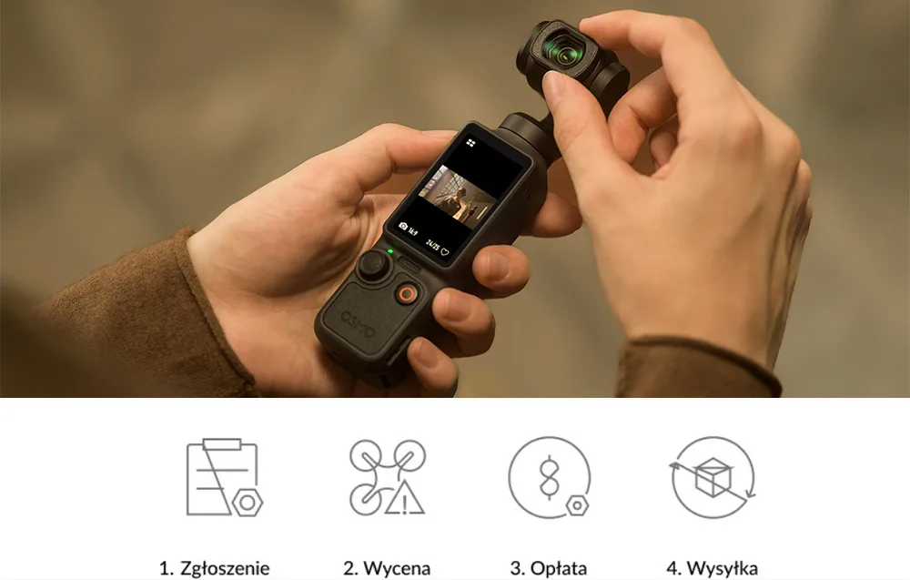 Zbliżenie na dłonie trzymające kamerę DJI Osmo Pocket 4, a poniżej znajdują się cztery ikony z podpisami Zgłoszenie, Wycena, Opłata oraz Wysyłka