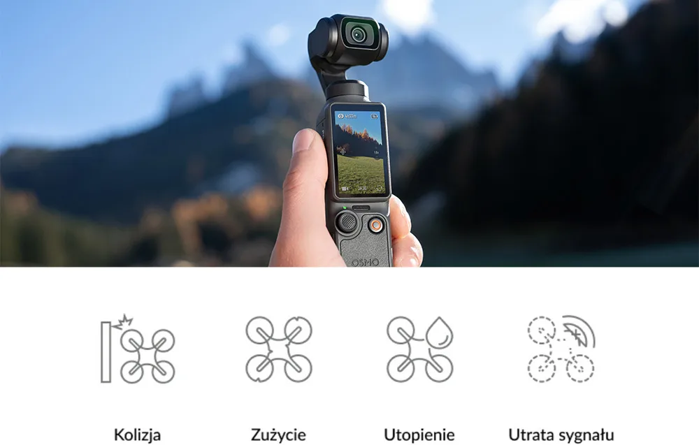 Dłoń trzyma kamerę DJI Osmo Pocket 4 na tle rozmytego krajobrazu, a pod zdjęciem widnieją cztery ikony z podpisami Kolizja, Zużycie, Utopienie oraz Utrata sygnału