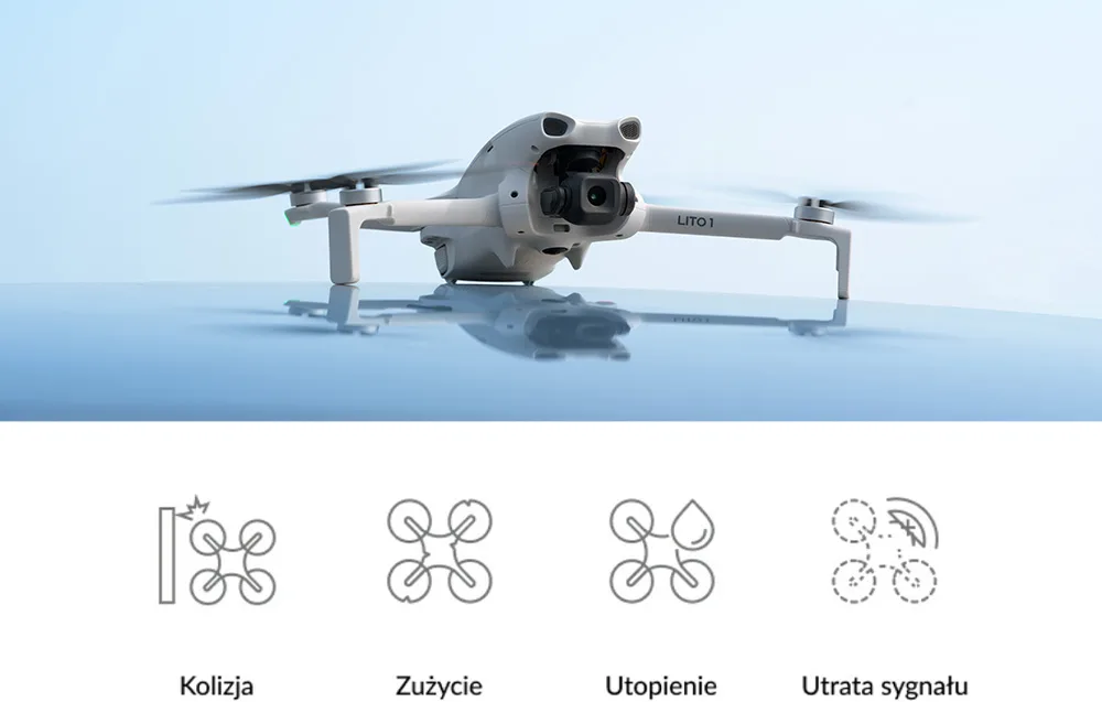 White drone placed on a smooth blue reflective surface with icons below symbolizing collision, wear, water damage, and signal loss
