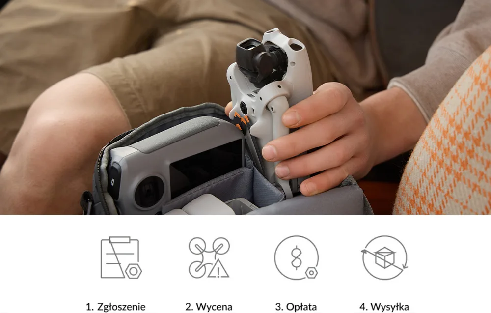 Zbliżenie na dłonie wyciągające złożonego drona z torby transportowej obok kontrolera, z widocznym schematem etapów serwisowych: zgłoszenie, wycena, opłata i wysyłka