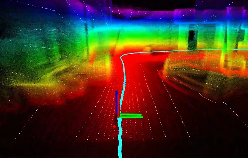LiDAR road visualization from a robot perspective with marked trajectory