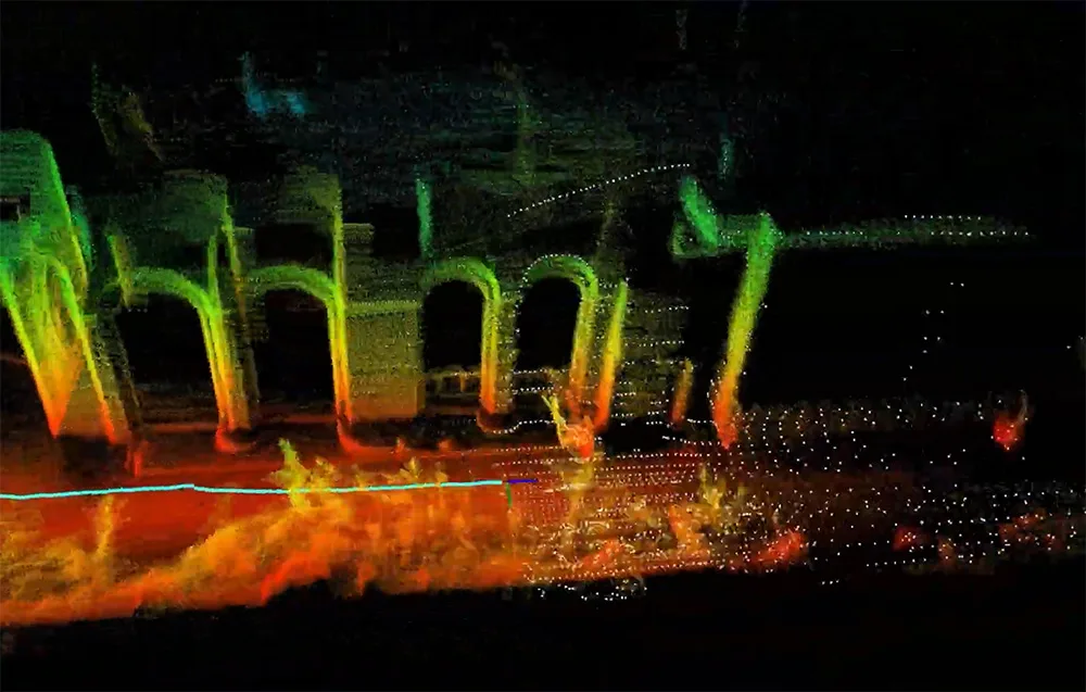 Color LiDAR image showing a building structure with arches and columns