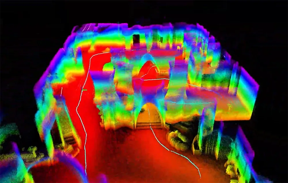 Color LiDAR visualization showing 3D mapping of a building interior