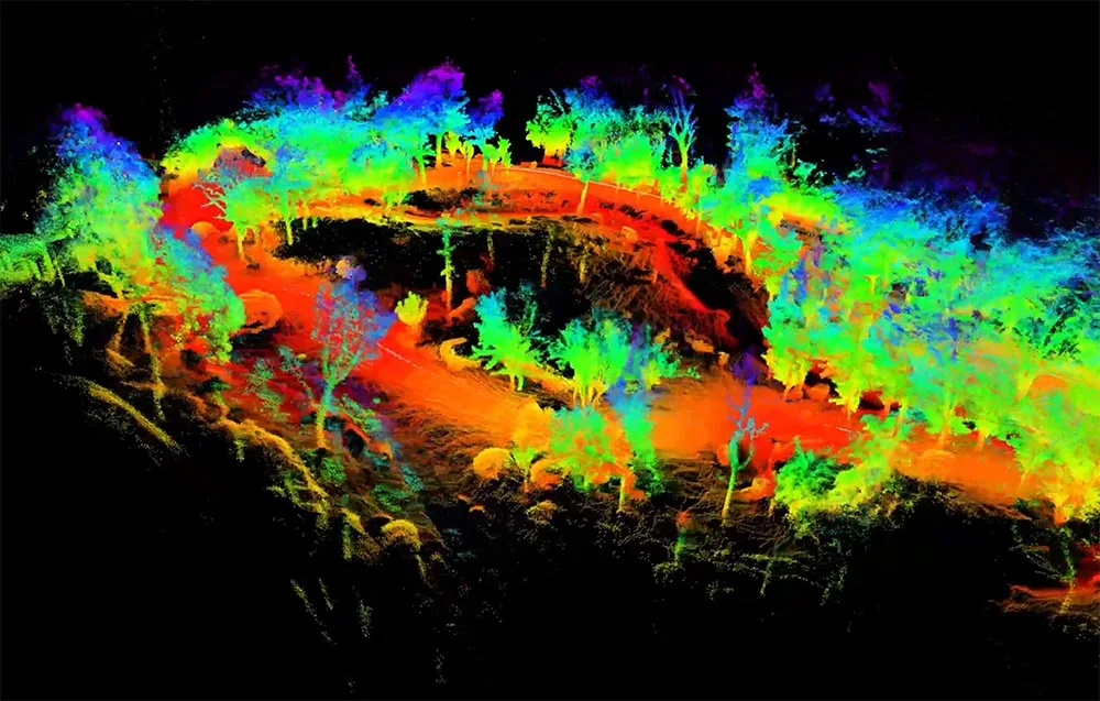 Color LiDAR map of an outdoor route with trees and terrain visualization