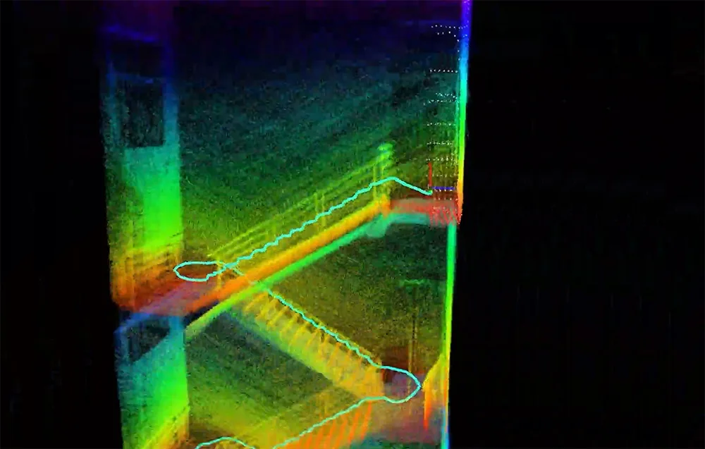 LiDAR visualization of an indoor staircase with colorful step mapping