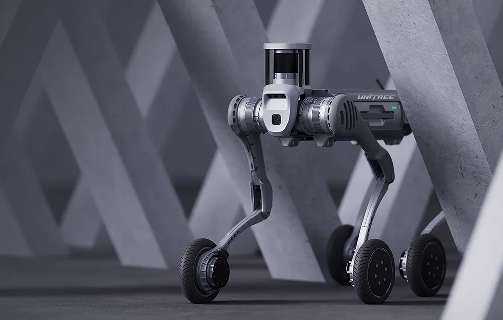 UNITREE B2-W quadruped robot with wheels in a modern gray interior