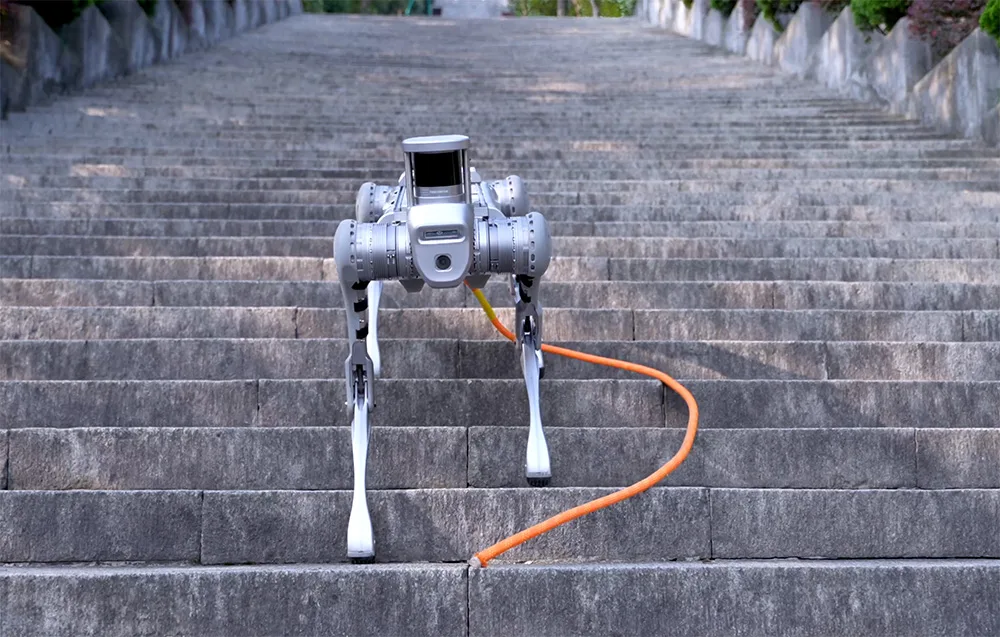 UNITREE B2 quadruped robot standing at the bottom of long stone stairs with an orange cable on the steps