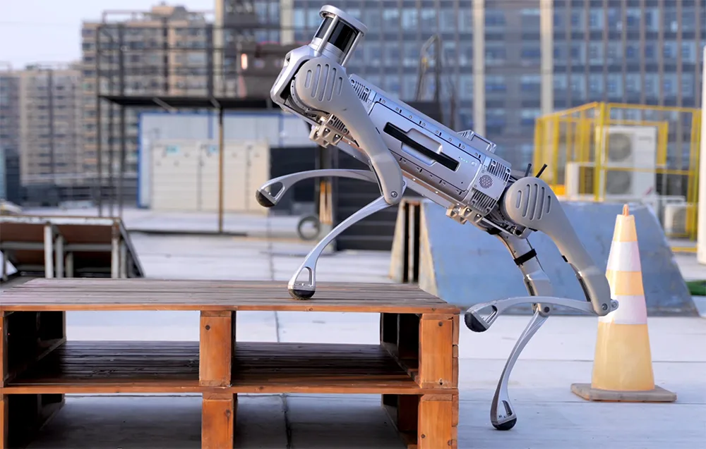 UNITREE B2 quadruped robot climbing onto a wooden platform on a rooftop with a city view