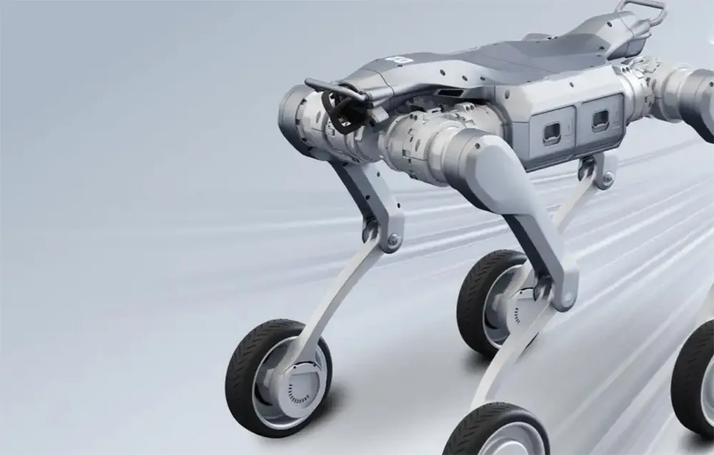 Fast-moving UNITREE A2-W quadruped robot with wheels on a gray background
