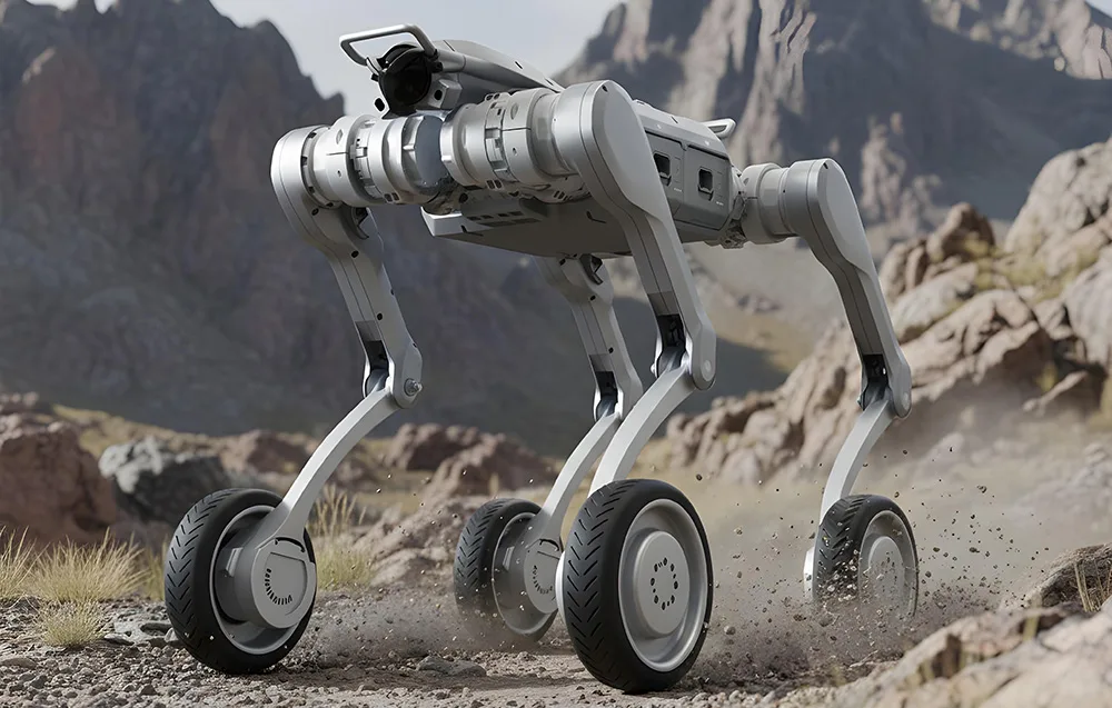 UNITREE A2-W wheeled quadruped robot on rocky terrain in the mountains