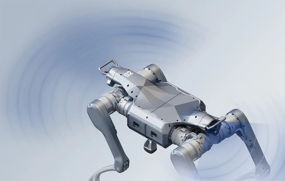 UNITREE quadruped robot scanning its surroundings on a gray background