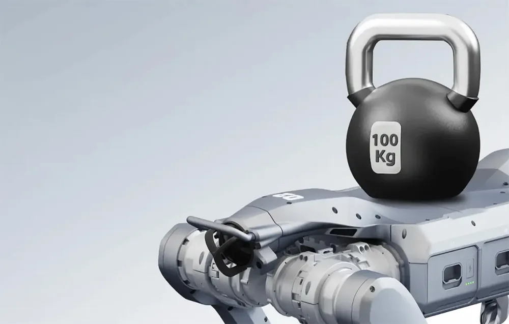 UNITREE A2-W robot carrying a 100 kg kettlebell on its back