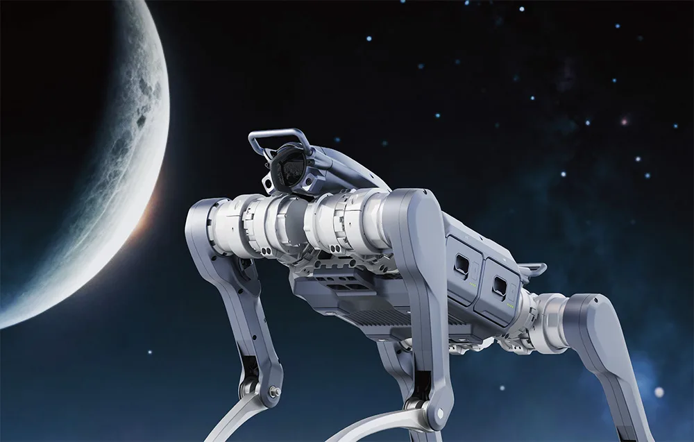 UNITREE A2-W quadruped robot in a stylized space-themed graphic
