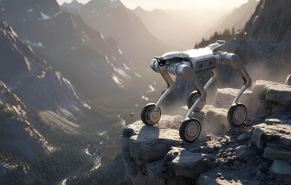 UNITREE A2-W quadruped robot with wheels standing on a rocky mountain edge