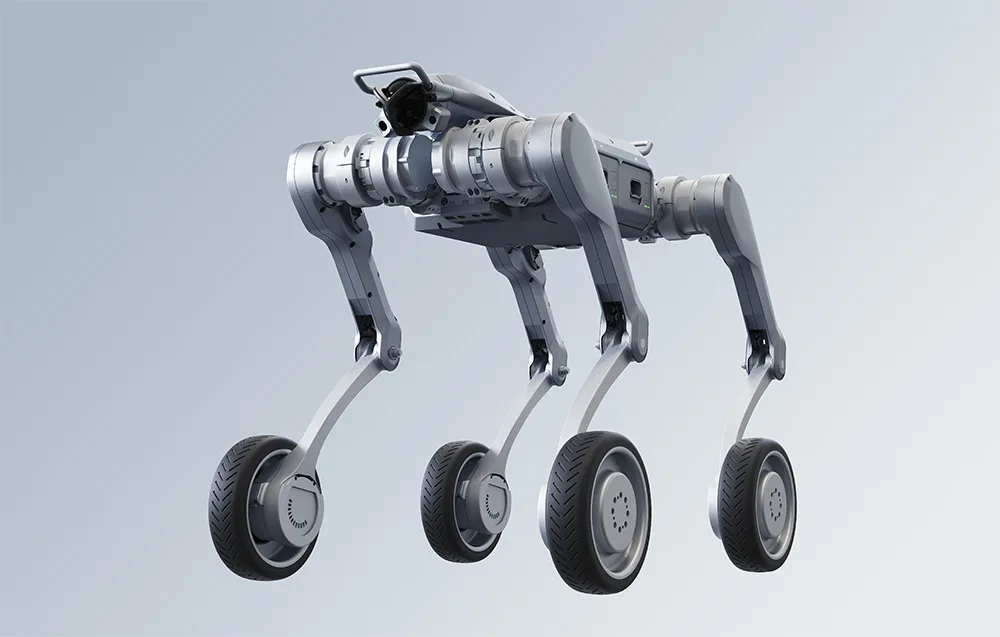UNITREE A2-W robot with wheels standing on a bright background