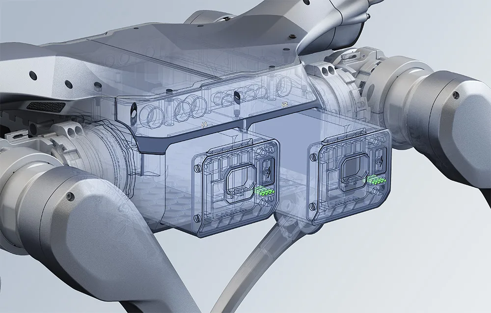 Technical cutaway view of the UNITREE A2-W robot showing internal components