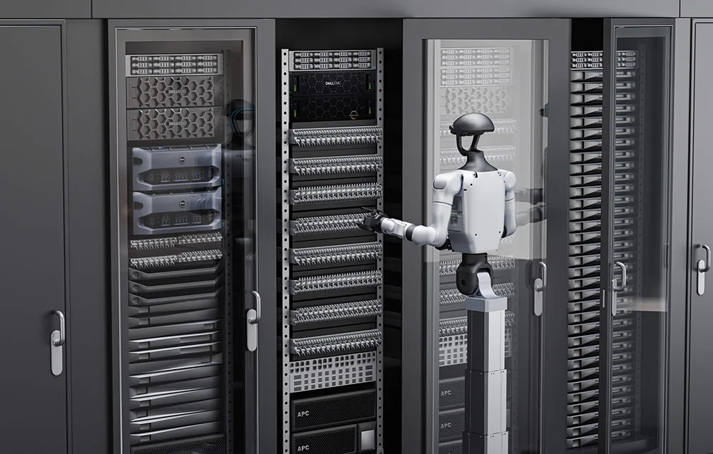 UNITREE G1-D U3 humanoid robot servicing servers and cables in a server room