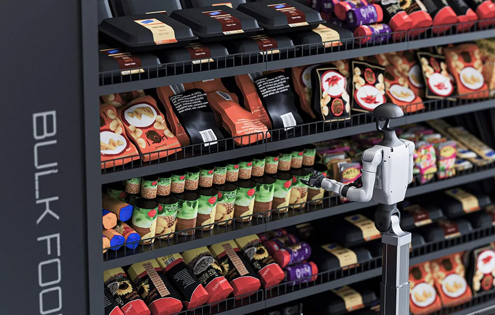 UNITREE G1-D U3 service robot picking products from grocery store shelves