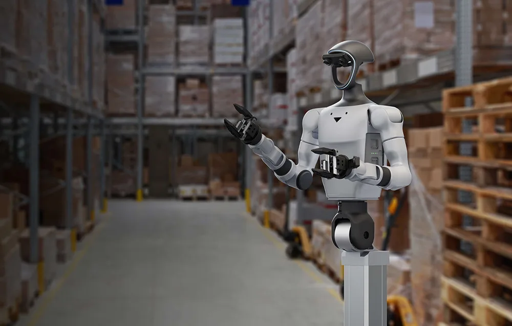 UNITREE G1-D U3 humanoid robot in a large high-bay warehouse