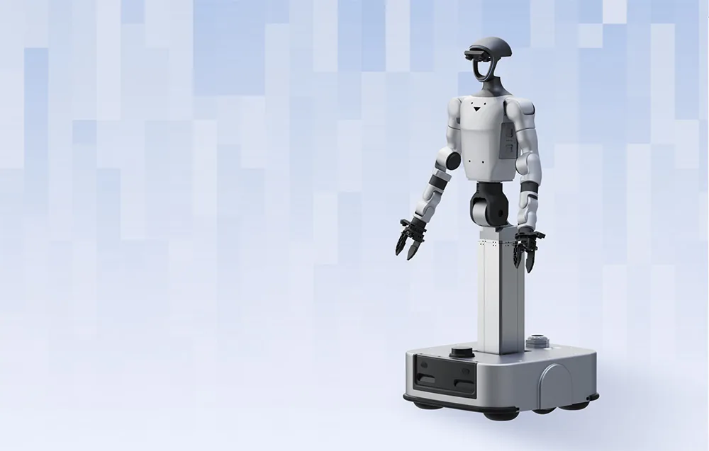 UNITREE G1-D U3 humanoid robot on a wheeled base against a blue mosaic background