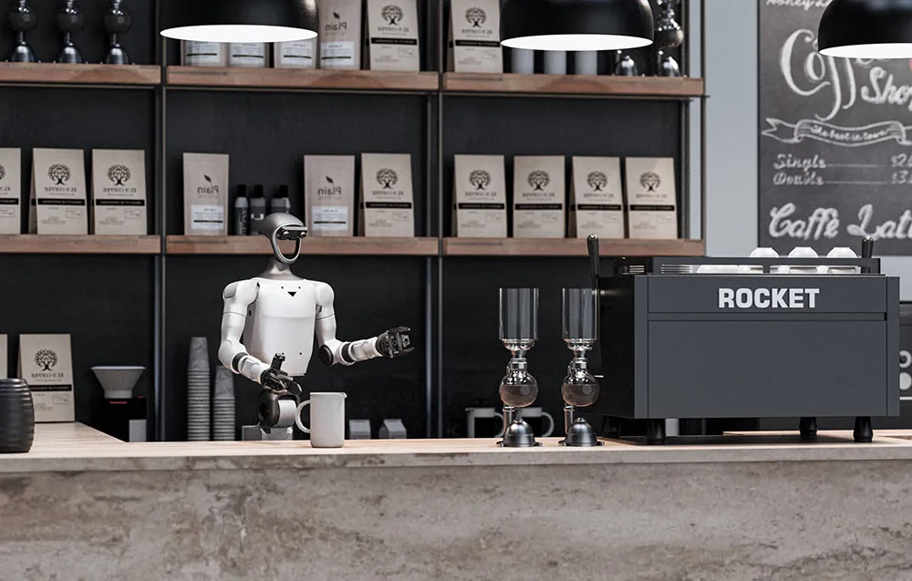 UNITREE G1-D U3 humanoid robot working as a barista behind a coffee shop counter