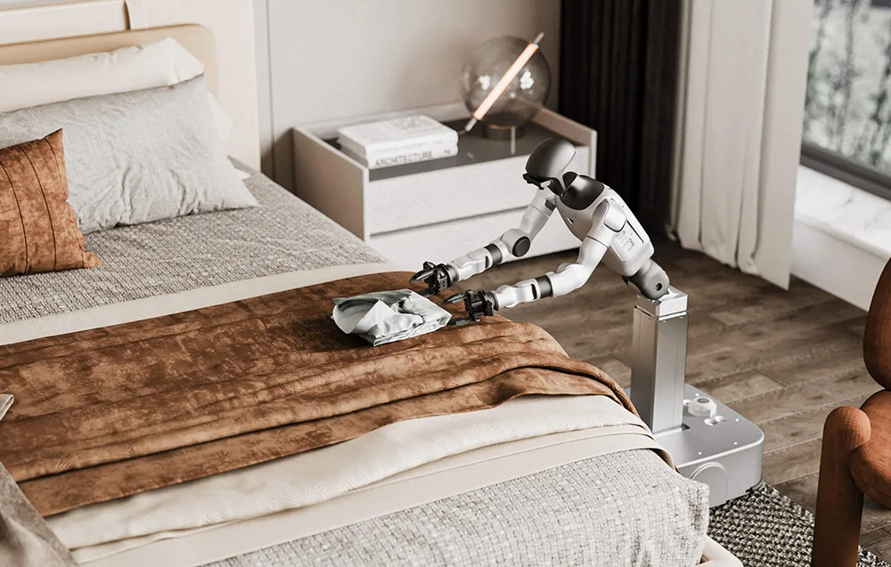 UNITREE G1-D U3 humanoid robot making a bed and organizing clothes in a modern bedroom