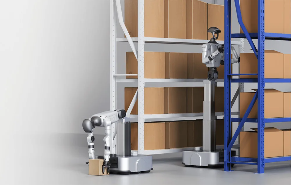 Two UNITREE humanoid robots sorting goods and stacking boxes in a logistics center