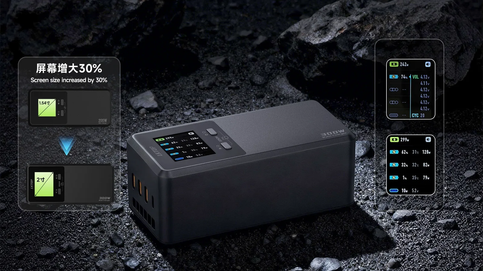 Real-time LCD display on the LKTOP 300W drone battery charger