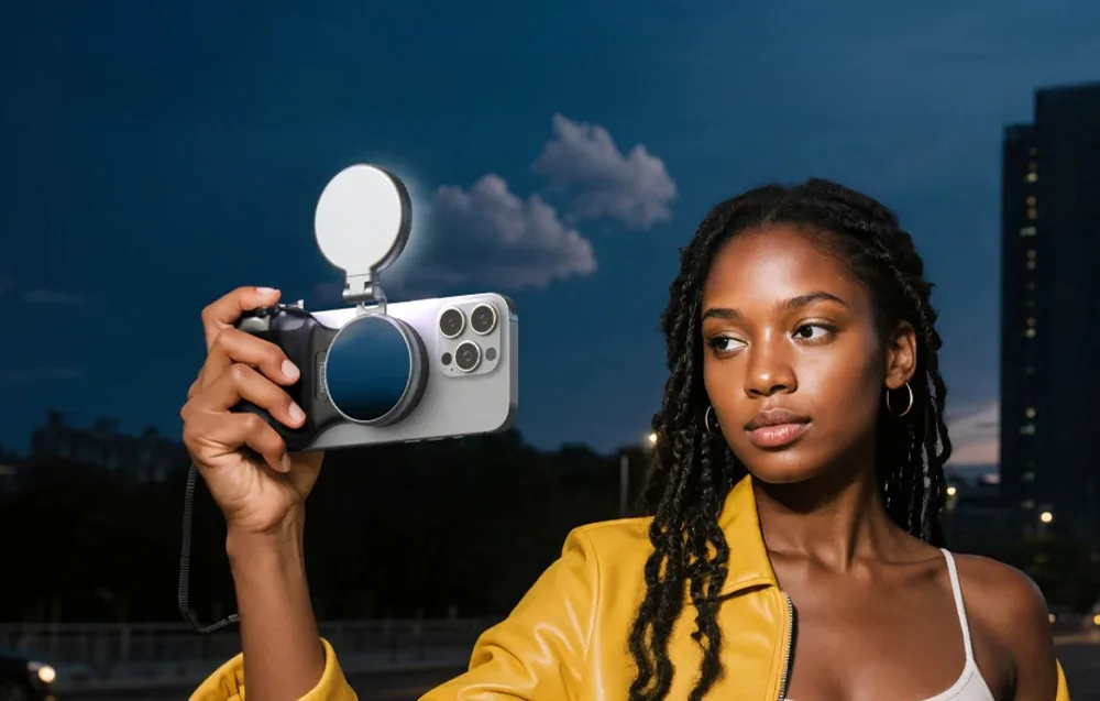 Person holding a smartphone with the grip and a light turned on for night photography