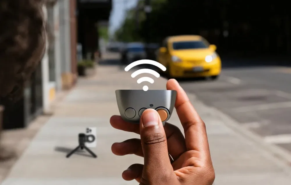 Hand holding the wireless control grip with a tripod and smartphone in the background